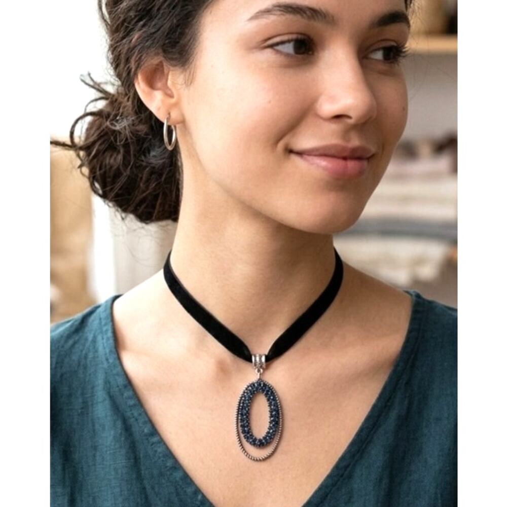 Handmade Black Velvet Choker with Upcycled Oval Faux Sapphire Studded Pendant